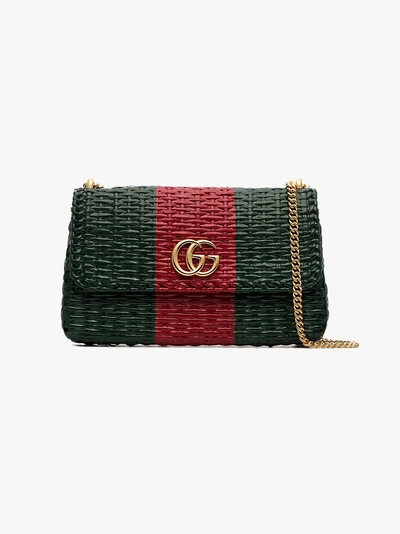 Shop Gucci Green And Red Web Straw Small Shoulder Bag