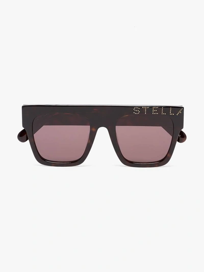 Shop Stella Mccartney Eyewear Brown Straight Bridged Square Framed Logo Sunglasses In Black