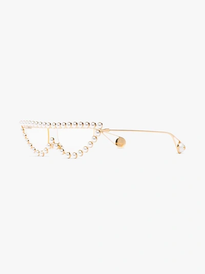 Shop Gucci Eyewear Gold Toned Pearl Embellished Cat Eye Sunglasses In 003