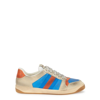 Shop Gucci Screener Distressed Leather Sneakers In Blue