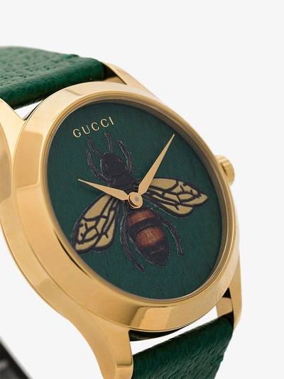 Shop Gucci G-timeless Bee Print Leather Watch In Green