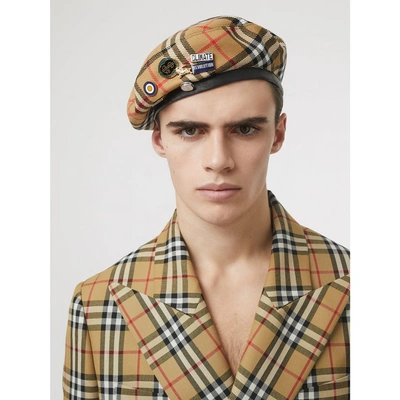 Shop Burberry Pin Detail Vintage Check Wool Beret In Antique Yellow