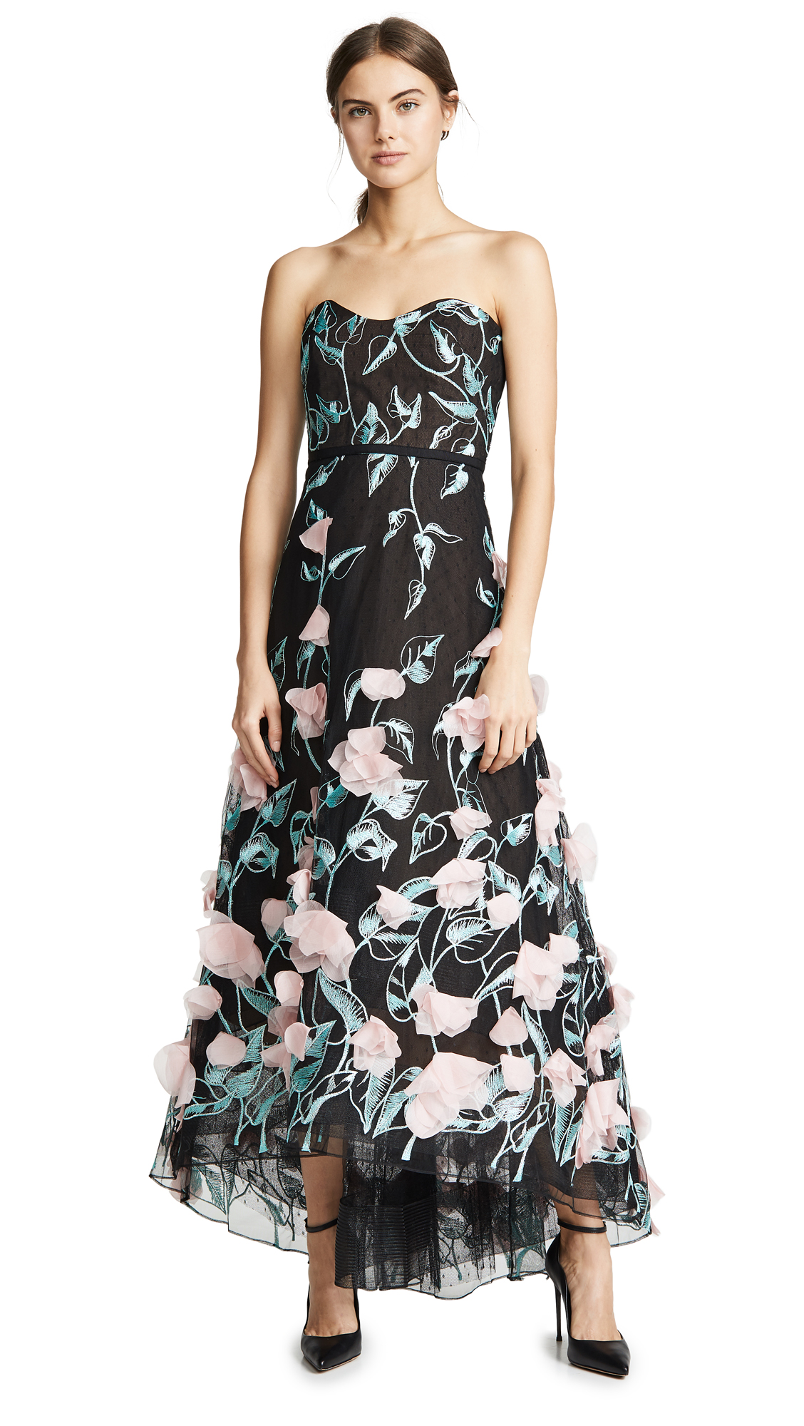 marchesa notte 3d embroidered strapless gown