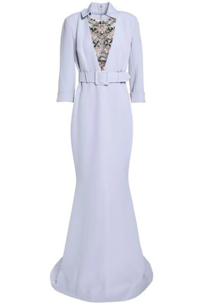 Shop Badgley Mischka Woman Embellished Belted Crepe Gown Stone