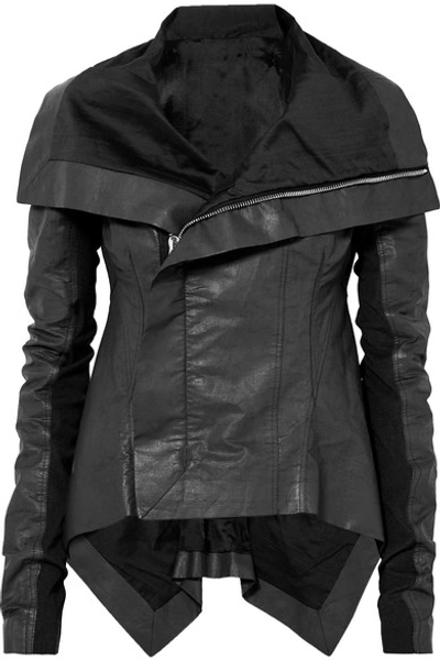 Shop Rick Owens Asymmetric Wool-paneled Coated Linen And Cotton-blend Biker Jacket In Black