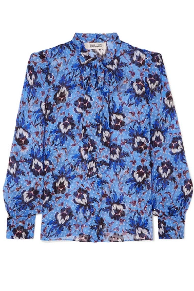 Shop Diane Von Furstenberg Lanie Pussy-bow Floral-print Flocked Silk-blend Chiffon Blouse In Blue
