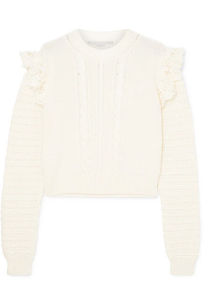 Shop Stella Mccartney Ruffled Crochet-trimmed Cotton Sweater In Ivory