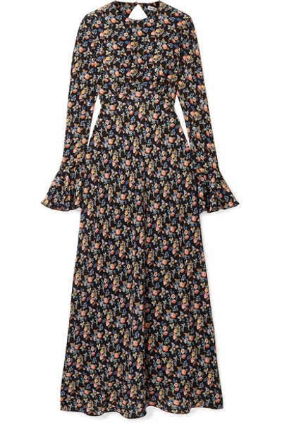 Shop Les Rêveries Open-back Floral-print Silk Crepe De Chine Maxi Dress In Black