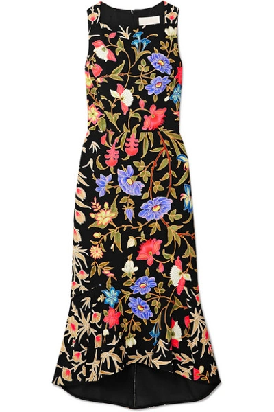 Shop Peter Pilotto Kia Fluted Floral-print Stretch-cady Midi Dress In Black