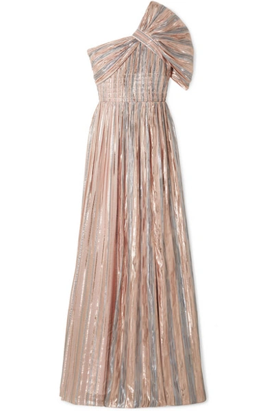 Shop Peter Pilotto One-shoulder Striped Silk-blend Lurex Gown In Metallic