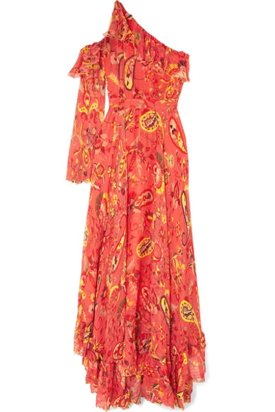 Shop Etro One-shoulder Ruffle-trimmed Printed Chiffon Maxi Dress In Red