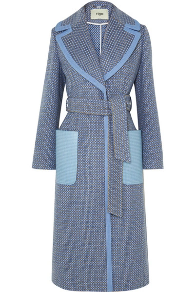 Shop Fendi Belted Canvas And Leather-trimmed Wool-blend Twill Coat In Blue