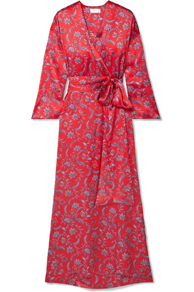 Shop Seren Floral-print Silk-satin Wrap Dress In Red