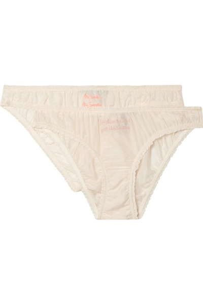 Shop Stella Mccartney Set Of Two Embroidered Cotton And Silk-blend Briefs In Ivory