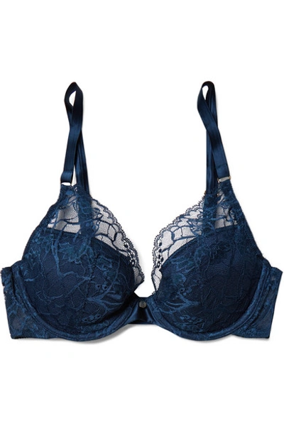 Shop Chantelle Segur Satin-trimmed Lace And Tulle Plunge Bra In Storm Blue