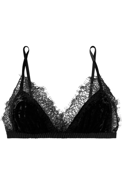 Shop Hanky Panky Luxe Panne Leavers Lace-trimmed Stretch-velvet Soft-cup Triangle Bra In Black