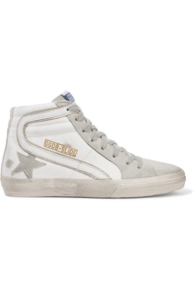 Shop Golden Goose Slide Distressed Leather And Suede High-top Sneakers In White