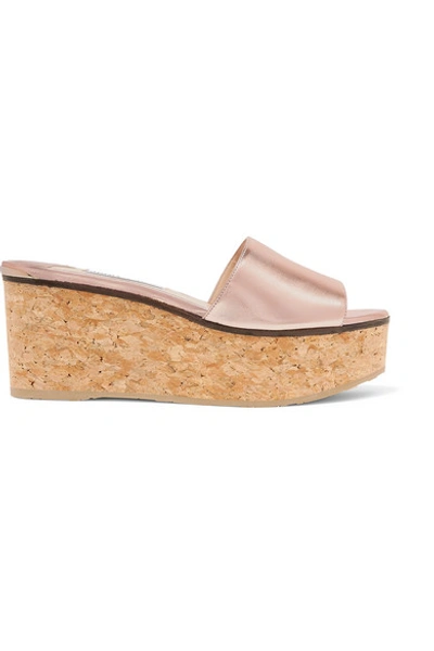 Shop Jimmy Choo Deedee 75 Metallic Leather Wedge Mules In Pink