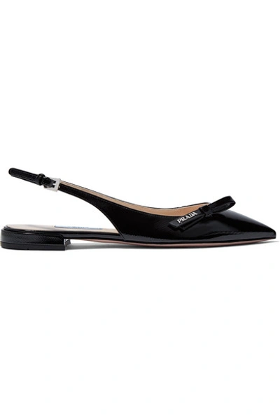 Shop Prada Glossed Textured-leather Slingback Flats In Black