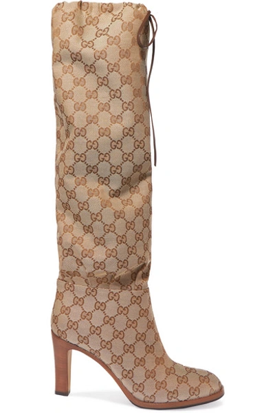 Shop Gucci Leather-trimmed Coated-canvas Knee Boots In Beige