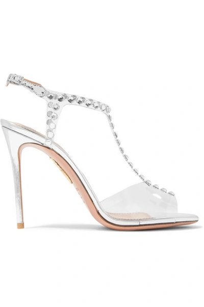 Shop Aquazzura Shine 105 Embellished Pvc And Metallic Leather Sandals In Silver