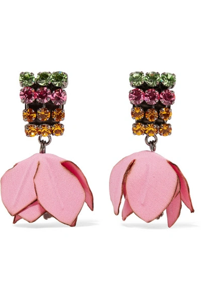 Shop Marni Gunmetal-tone, Cotton And Crystal Clip Earrings In Pink