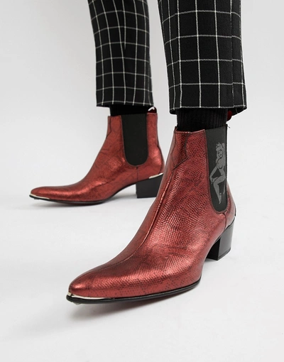 Shop Jeffery West Sylvian Cuban Boots In Red Metallic Snake Print - Red