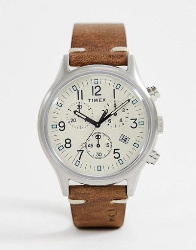 Shop Timex Mk1 Steel Chronograph 42mm Leather Watch In Brown - Brown
