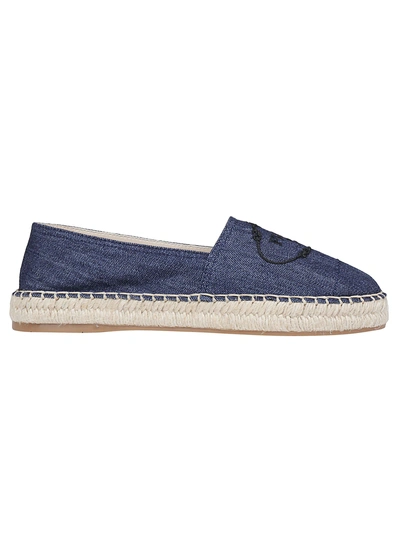 Shop Prada Embroidered Logo Espadrillas Loafers In Blue