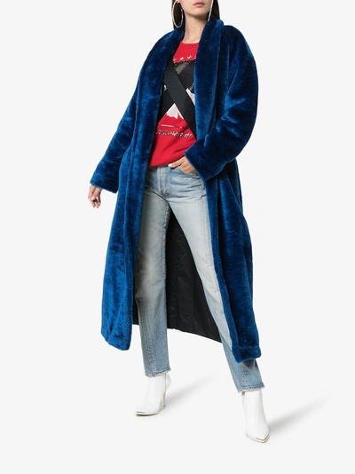 Shop Navro Royal Blue Belted Faux Fur Coat