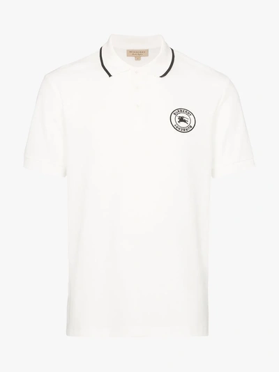 Shop Burberry Embroidered Logo Cotton Piqué Polo Shirt In White