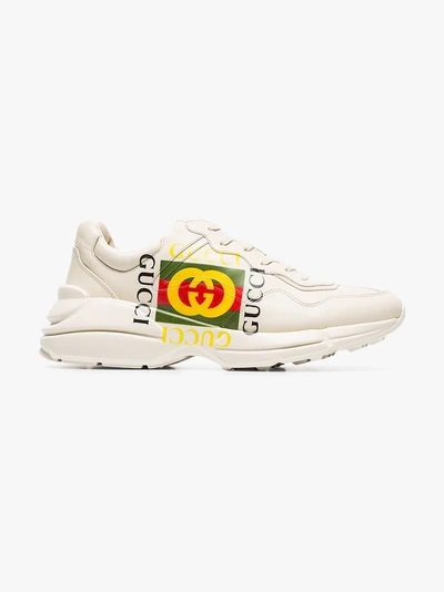 Shop Gucci White Rhyton Logo Leather Sneakers In Neutrals