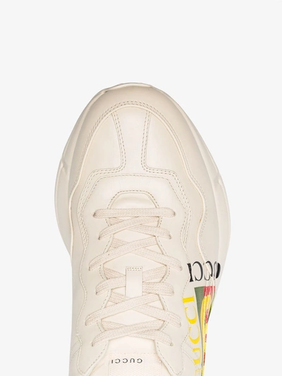 Shop Gucci White Rhyton Logo Leather Sneakers In Neutrals