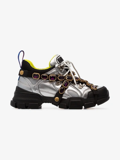 Shop Gucci Flashtrek Chunky Leather Crystal Embellished Sneakers In 8188 Silver