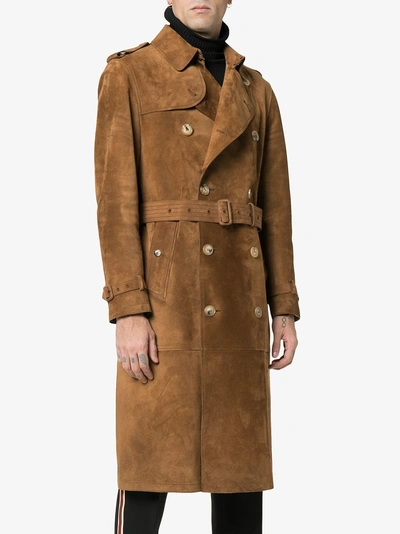 Shop Burberry Suede Trench Coat In Brown