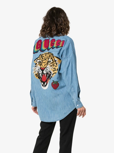 Shop Gucci Tiger Face Logo Denim Shirt In 4206 Blue