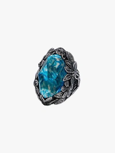 Shop Lyly Erlandsson Silver And Blue Winter Chunky Silver Ring