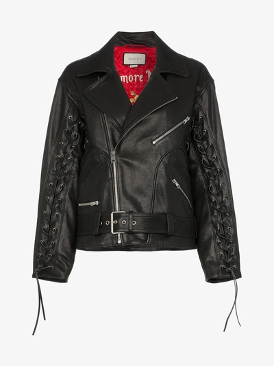 Shop Gucci Mushroom Print Leather Biker Jacket In Black