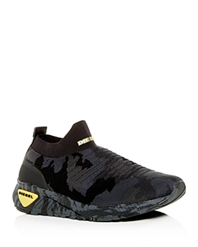 Shop Diesel Men's S-kb Camo Print Knit Mid-top Sneakers In Black