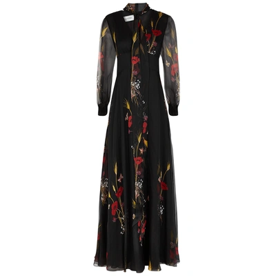 Shop Valentino Black Floral-print Silk Maxi Dress