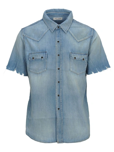 Shop Saint Laurent Frayed Denim Shirt In Light Blue