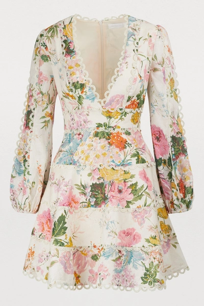 Shop Zimmermann Heathers Linen Mini Dress In Garden Floral