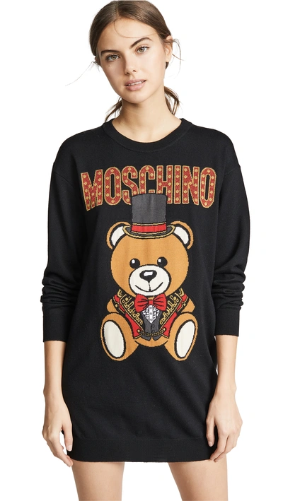 Shop Moschino Top Hat Bear Sweatshirt Dress In Black Multi