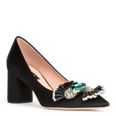 Shop Rochas Black Satin Crystal Embellished Pumps