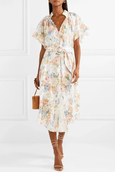 Zimmermann Bowie Floral-print Linen Midi Dress In Cream | ModeSens