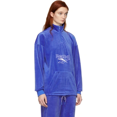 Shop Reebok Classics Blue Velour Vector Half-zip Sweatshirt In Cobalt
