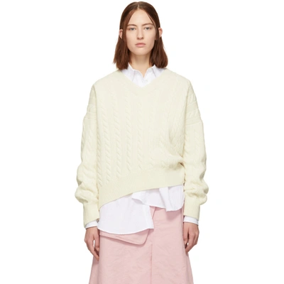 Loewe Off-white Cable Knit V-neck Sweater In 2100 White