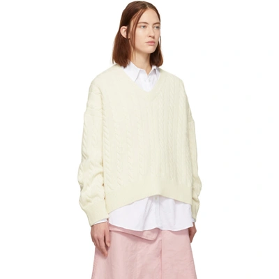 Loewe Off-white Cable Knit V-neck Sweater In 2100 White