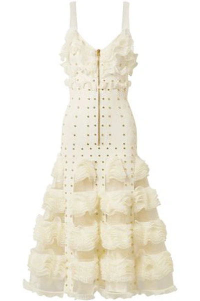 Shop Alexander Mcqueen Woman Studded Ruffled Stretch-knit Midi Dress Cream