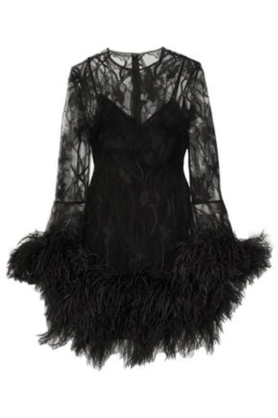 Shop Alexander Mcqueen Woman Feather-trimmed Lace Mini Dress Black